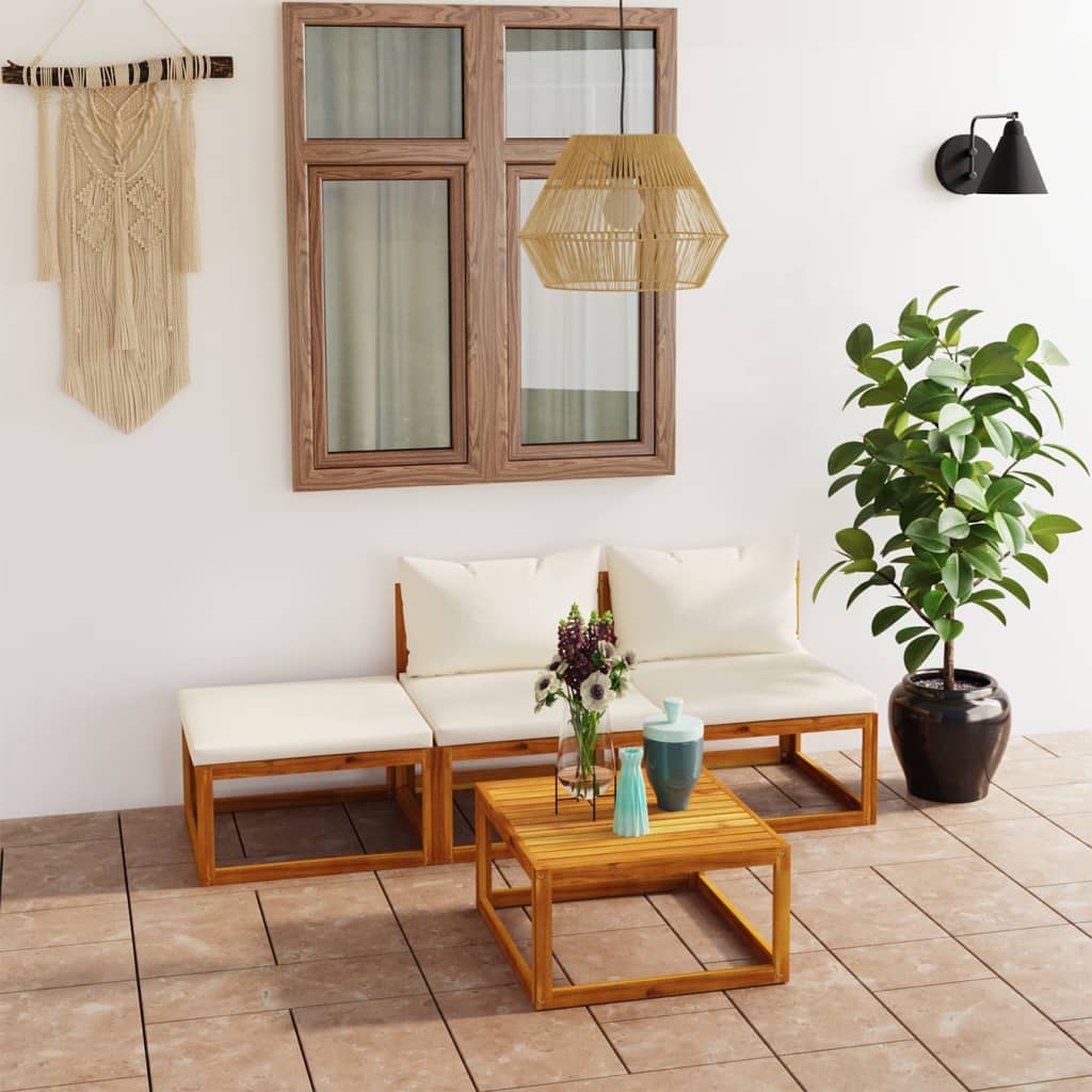 Set mobilier grădină cu perne, 4 piese, crem, lemn masiv acacia