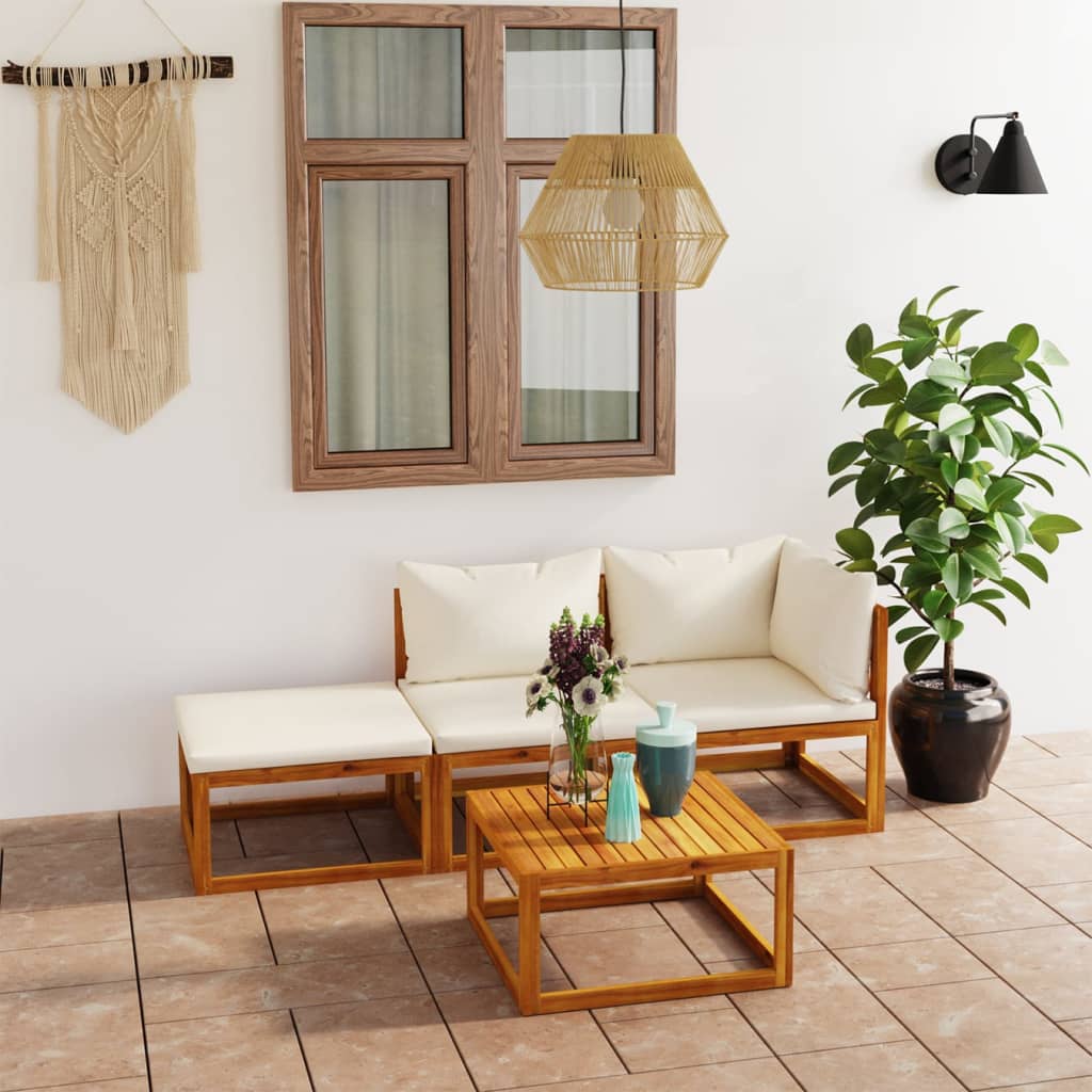 Set mobilier grădină cu perne, 4 piese, crem, lemn masiv acacia