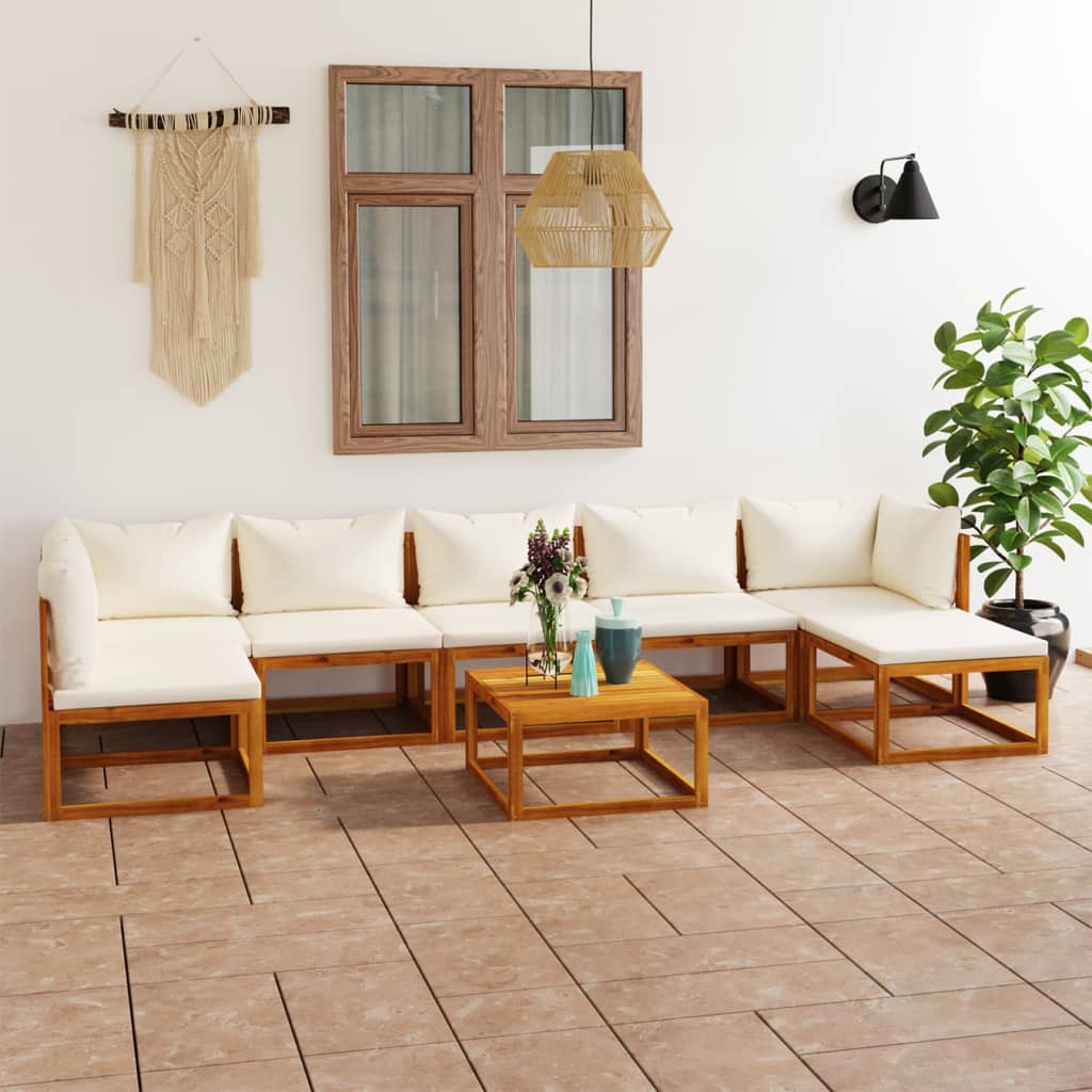 Set mobilier grădină cu perne, 8 piese, crem, lemn masiv acacia