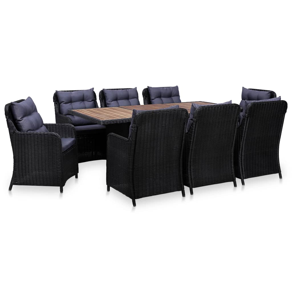 Set mobilier de exterior, 9 piese, negru, poliratan