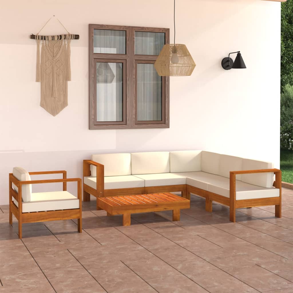 Set mobilier grădină perne alb/crem, 7 piese, lemn masiv acacia - Lando