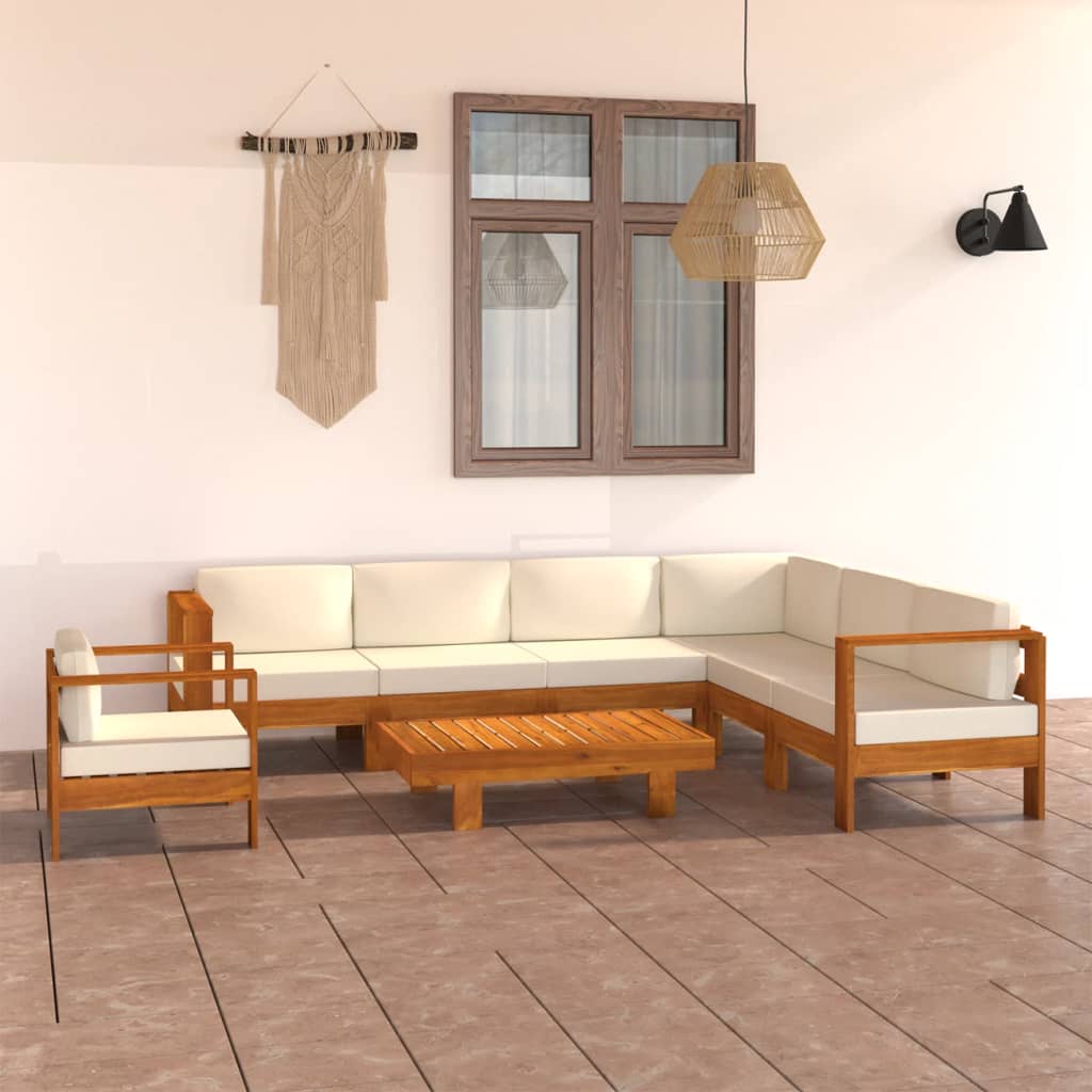 Set mobilier grădină perne alb/crem, 8 piese, lemn masiv acacia - Lando