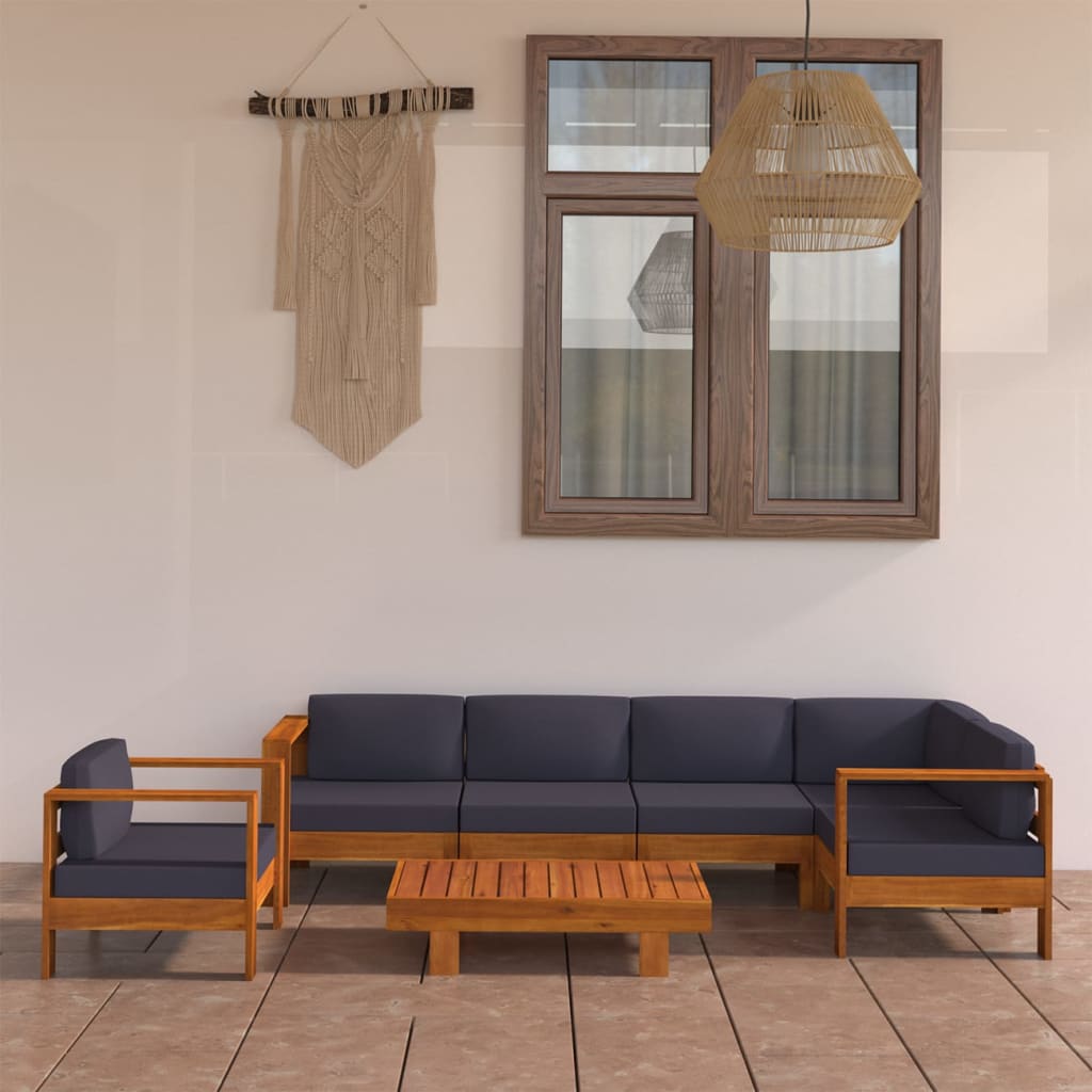 Set mobilier grădină perne gri închis, 7 piese, lemn acacia