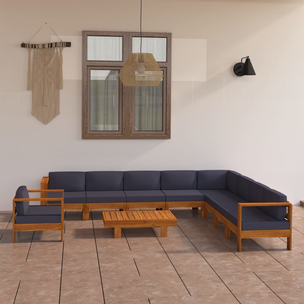 Set mobilier grădină perne gri închis, 10 piese, lemn acacia