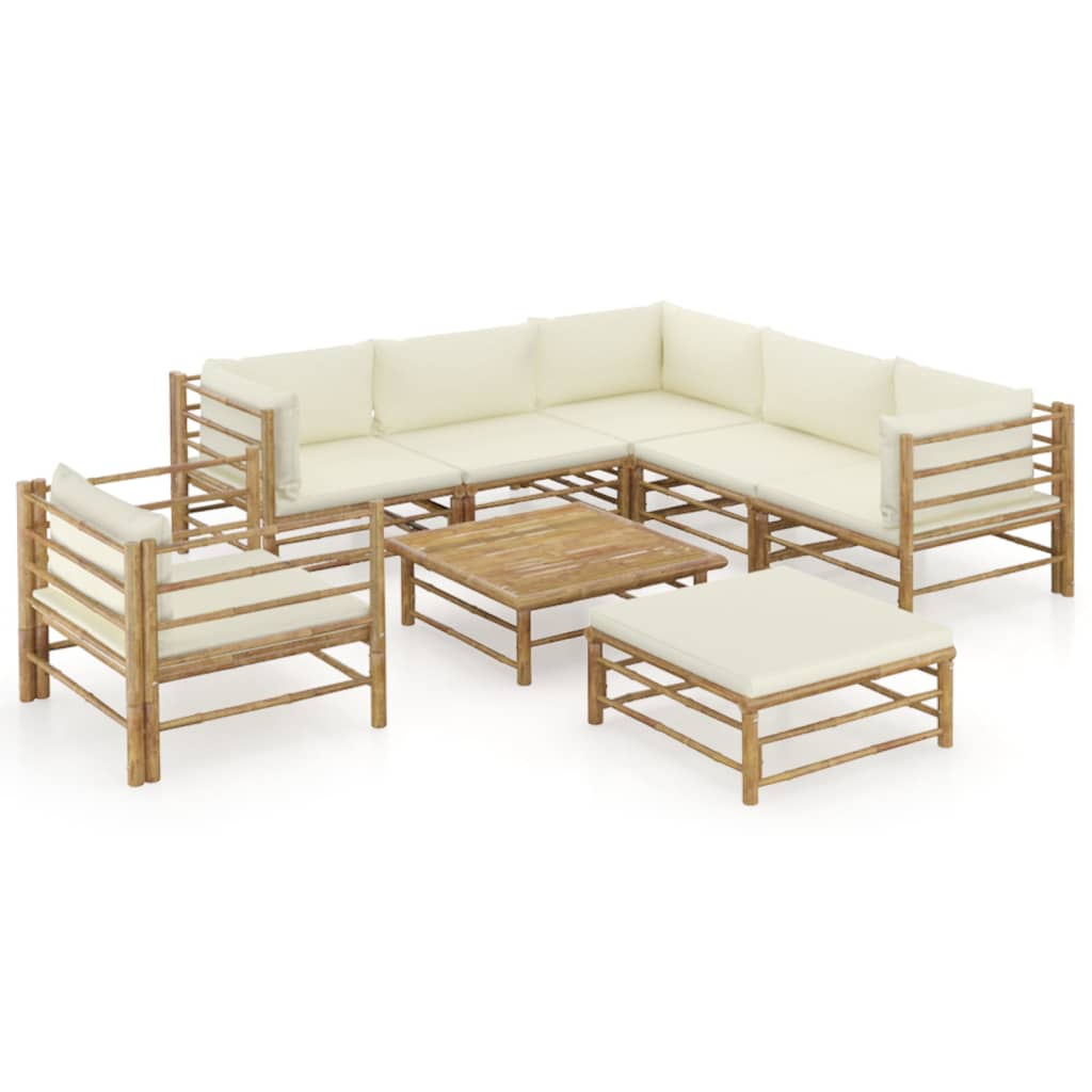 Set mobilier de grădină, cu perne alb crem, 8 piese, bambus