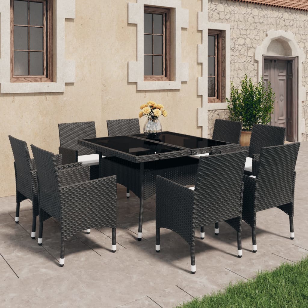 Set mobilier grădină, 9 piese, negru, poliratan, lemn acacia