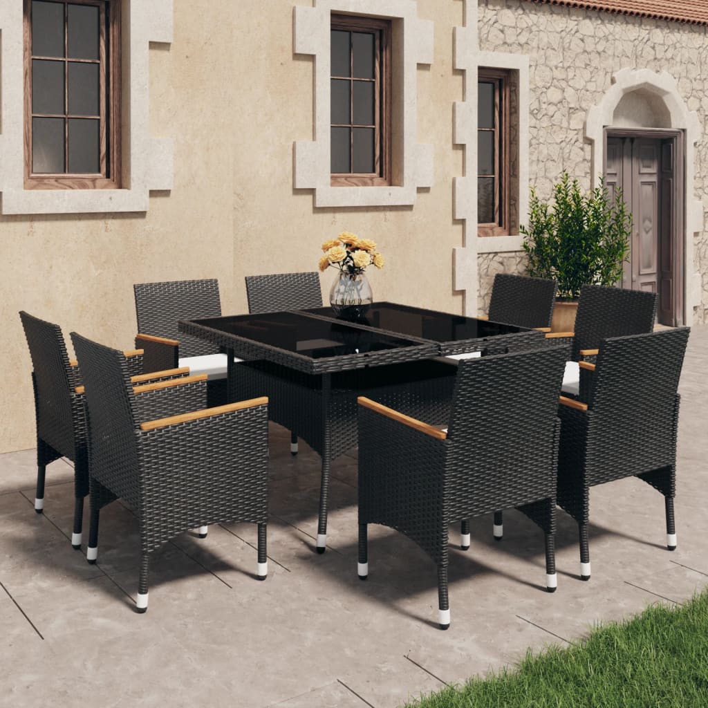 Set mobilier grădină, 9 piese, negru, poliratan și lemn acacia