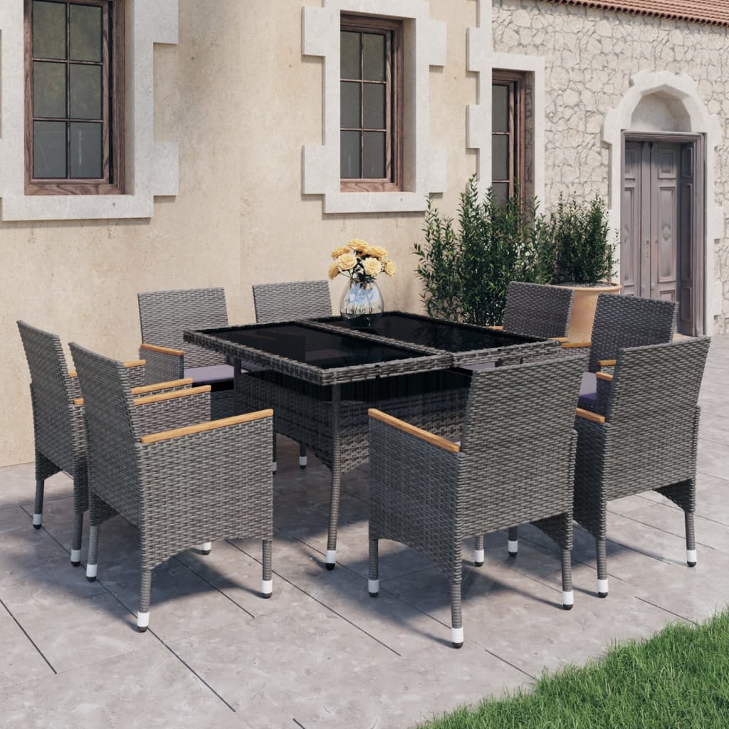 Set mobilier grădină, 9 piese, gri, poliratan, lemn acacia