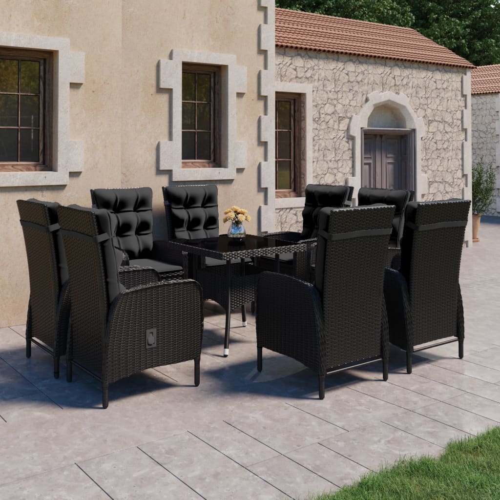 Set mobilier grădină, 9 piese, negru, poliratan, lemn acacia