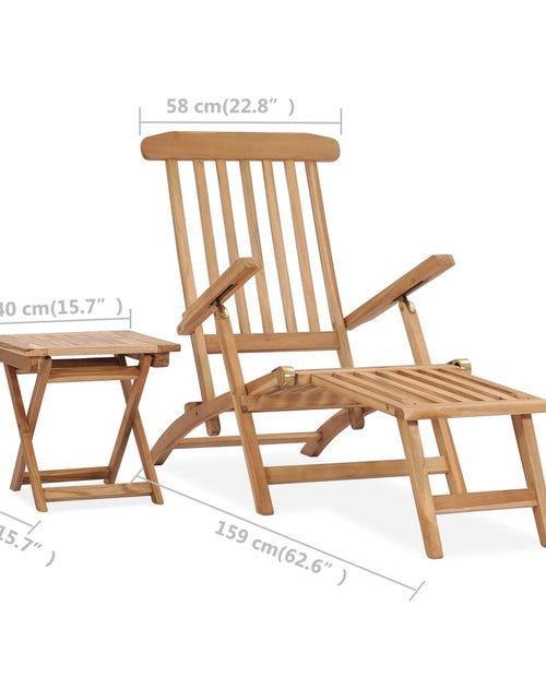 Încărcați imaginea în vizualizatorul Galerie, Șezlong de grădină cu suport picioare și masă, lemn masiv tec

