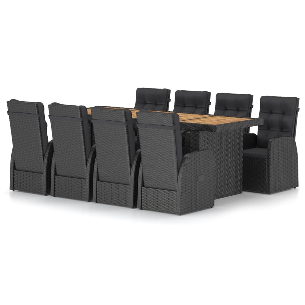 Set mobilier de grădină cu perne, 9 piese, negru, poliratan