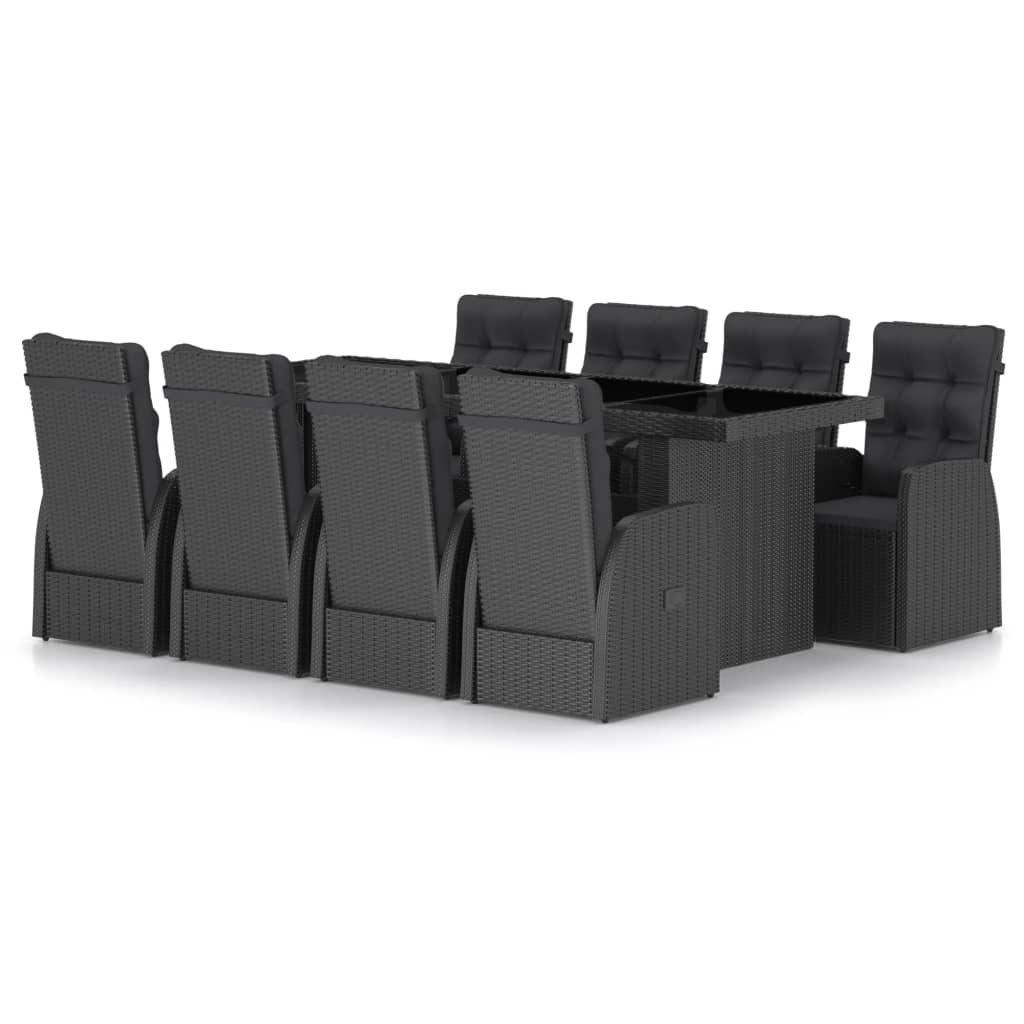 Set mobilier de grădină cu perne, 9 piese, negru, poliratan