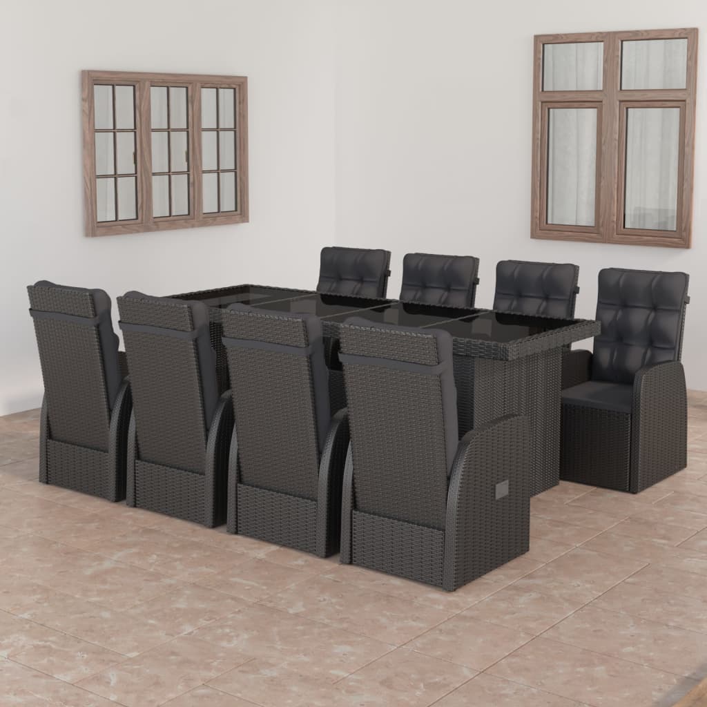 Set mobilier de grădină cu perne, 9 piese, negru, poliratan