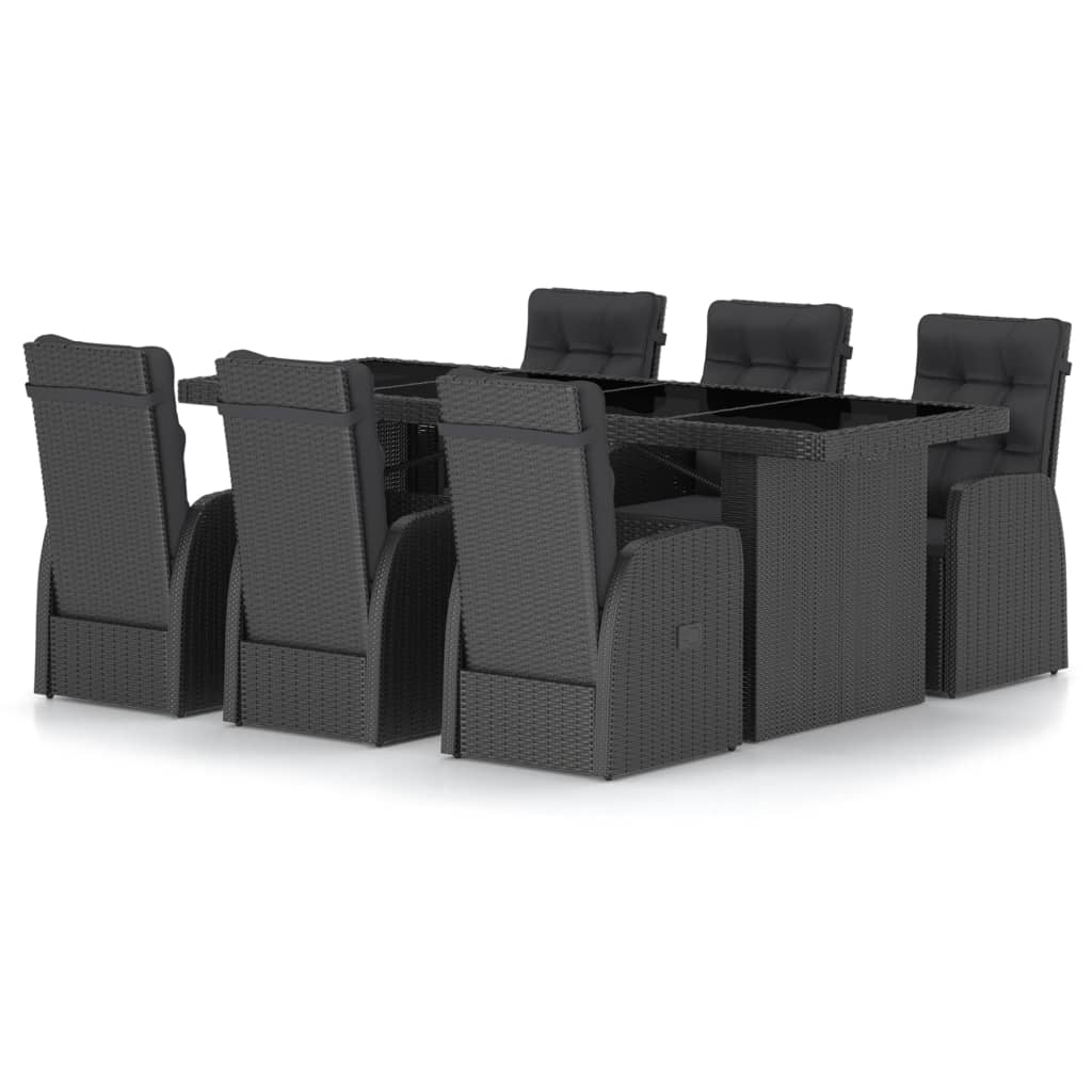 Set mobilier de exterior cu perne, 7 piese, negru, poliratan