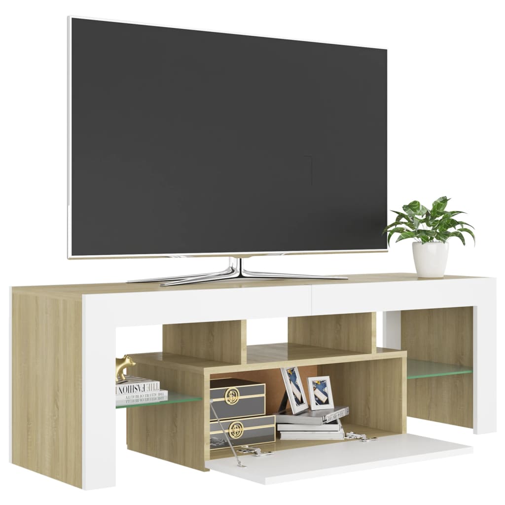 Comodă TV cu lumini LED, alb și stejar Sonoma, 120x35x40 cm