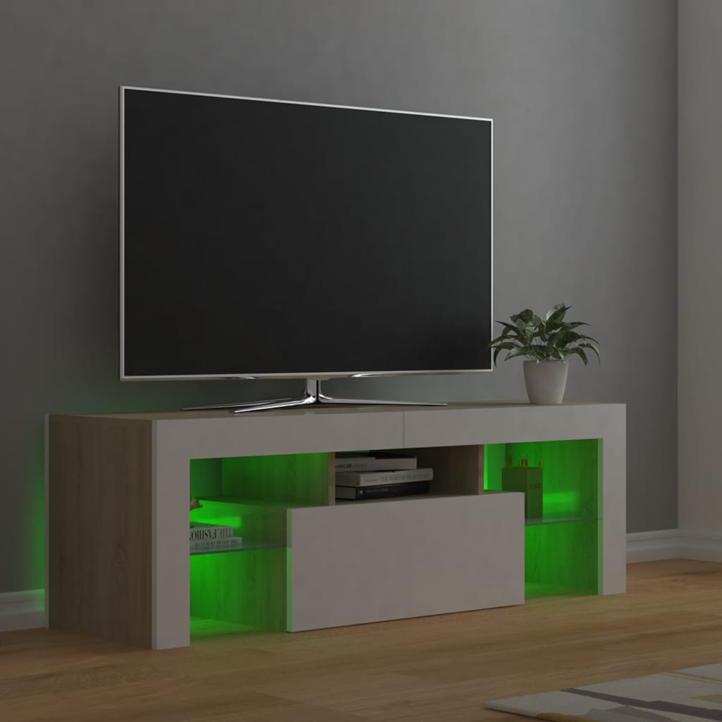 Comodă TV cu lumini LED, alb și stejar Sonoma, 120x35x40 cm