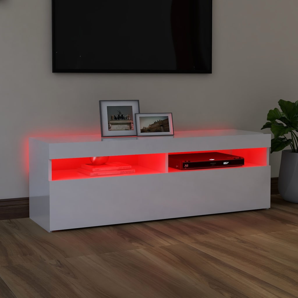 Comodă TV cu lumini LED, alb extralucios, 120x35x40 cm