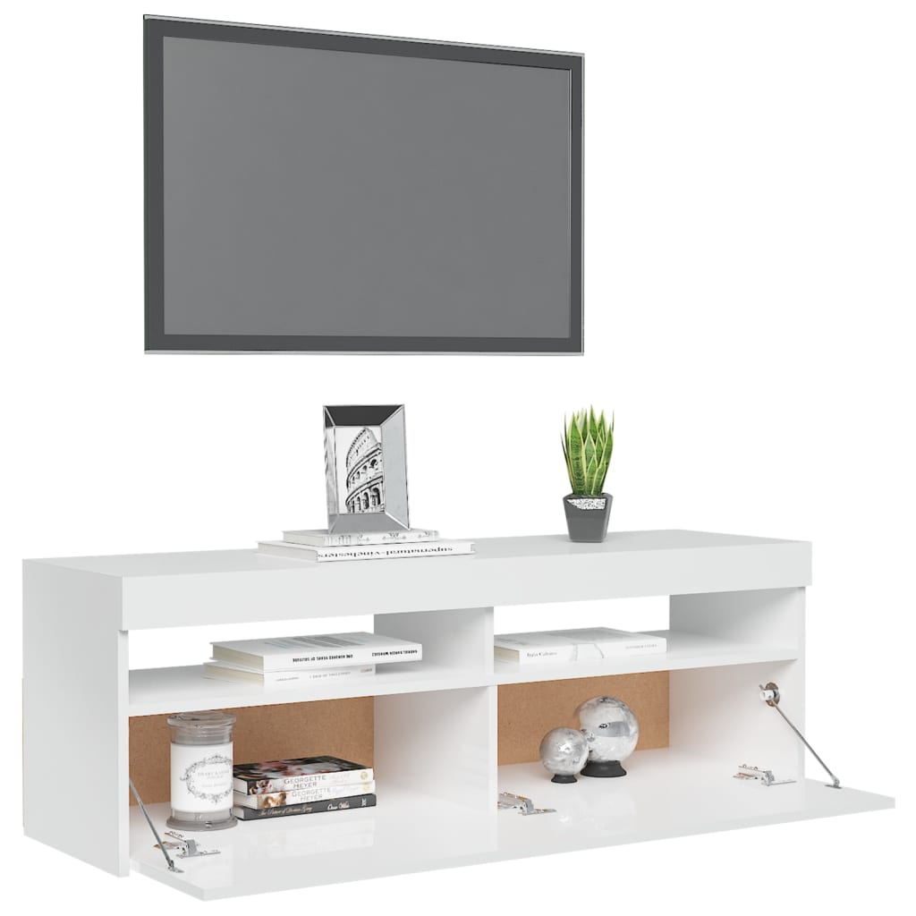 Comodă TV cu lumini LED, alb extralucios, 120x35x40 cm