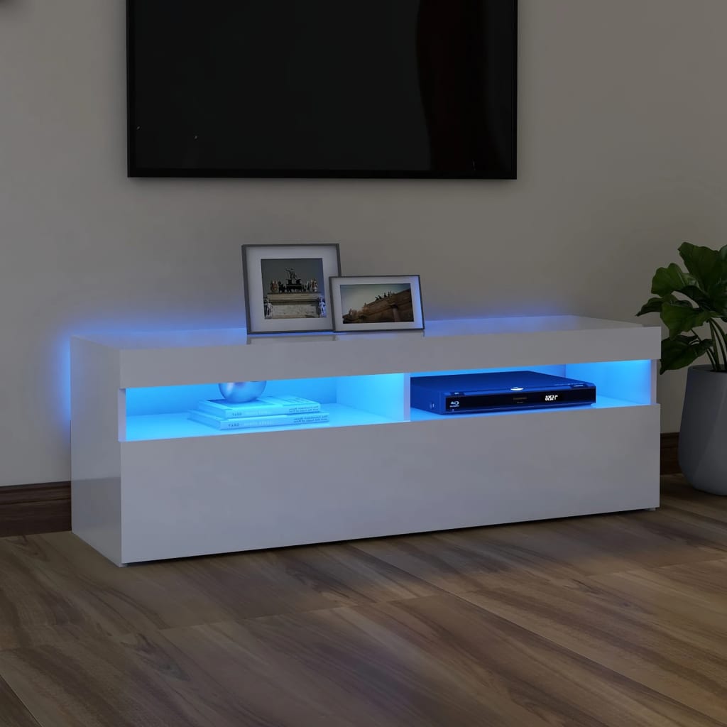 Comodă TV cu lumini LED, alb extralucios, 120x35x40 cm