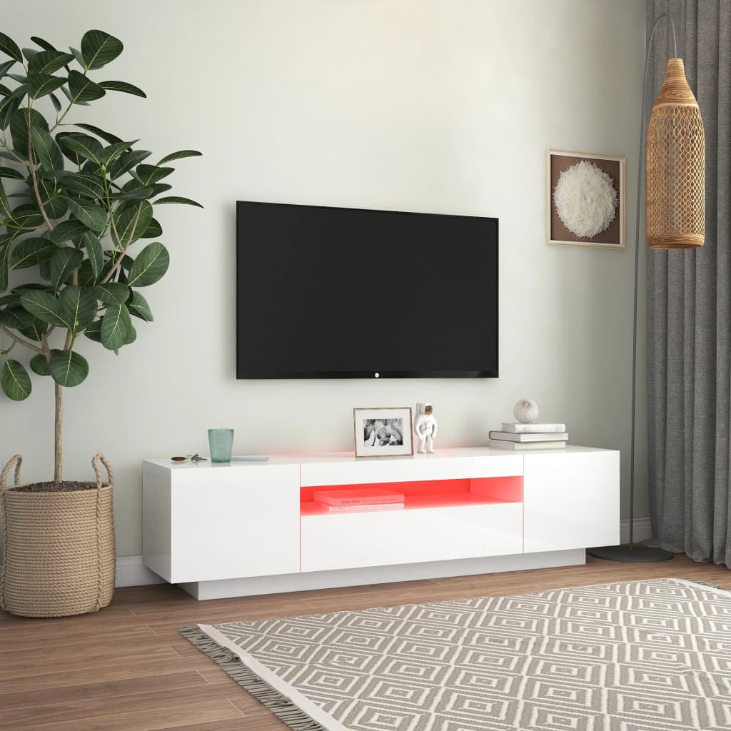 Comodă TV cu lumini LED, alb extralucios, 160x35x40 cm - Lando