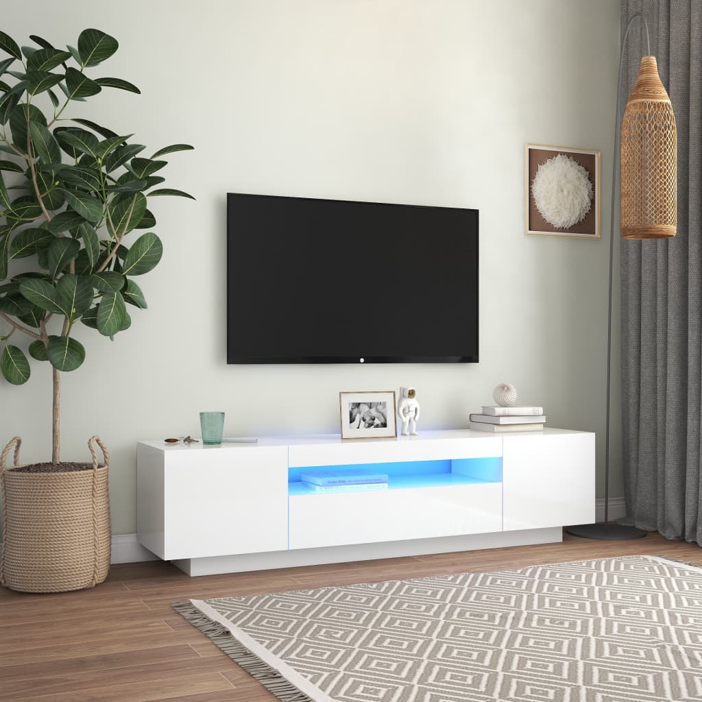 Comodă TV cu lumini LED, alb extralucios, 160x35x40 cm - Lando