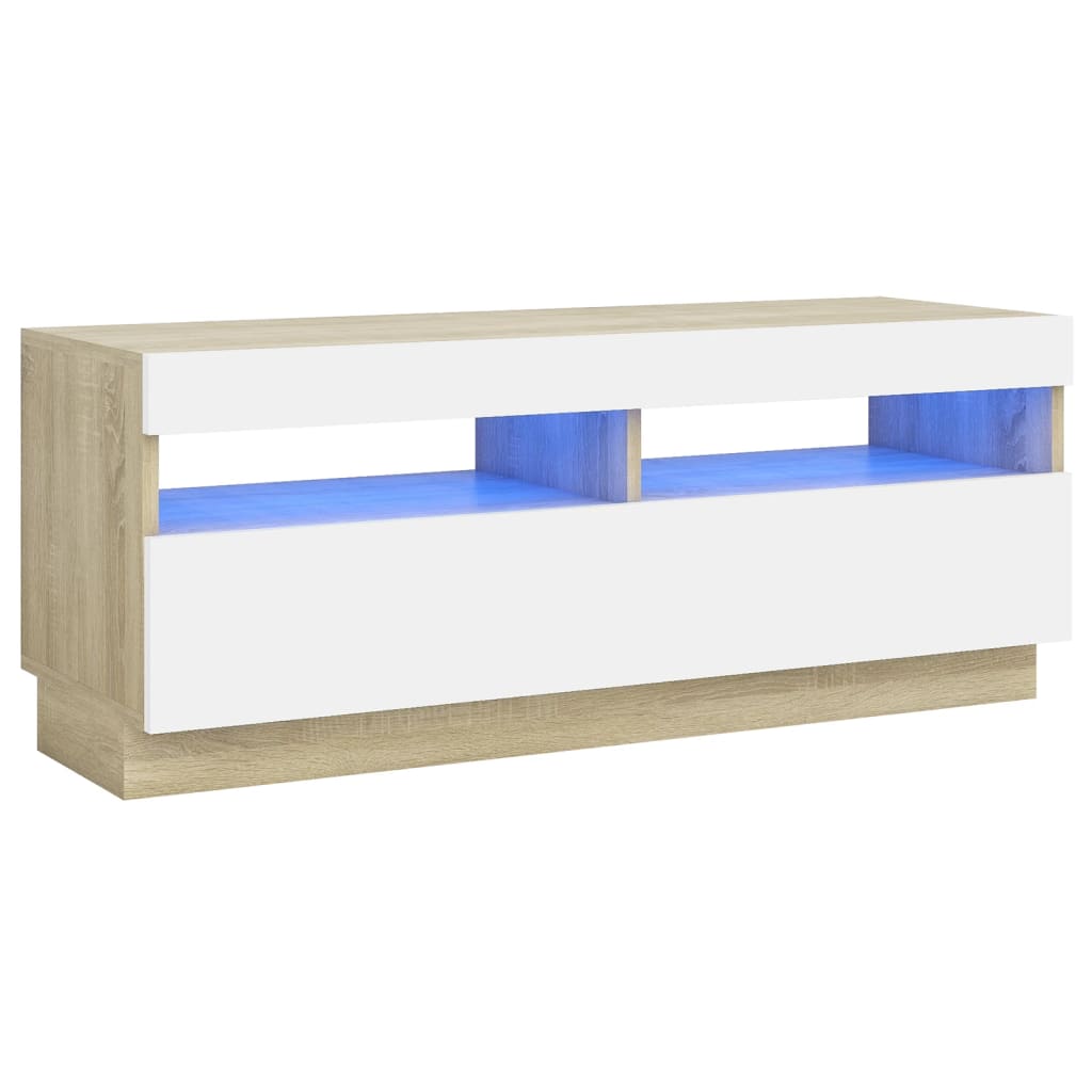 Comodă TV cu lumini LED, alb și stejar sonoma, 100x35x40 cm