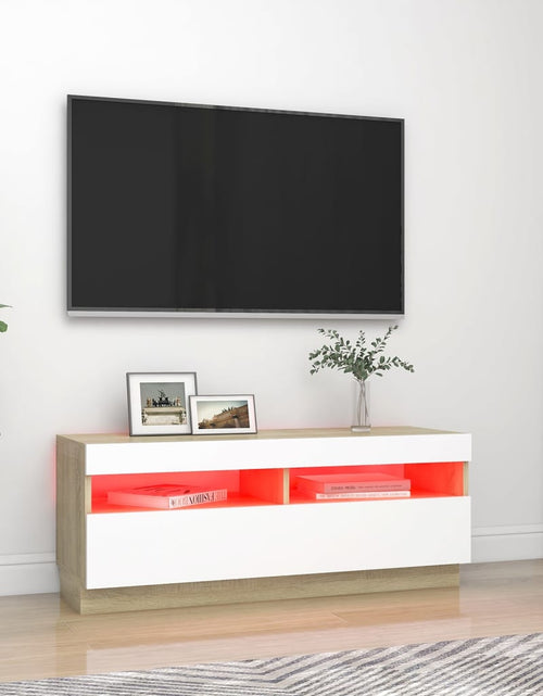 Încărcați imaginea în vizualizatorul Galerie, Comodă TV cu lumini LED, alb și stejar sonoma, 100x35x40 cm
