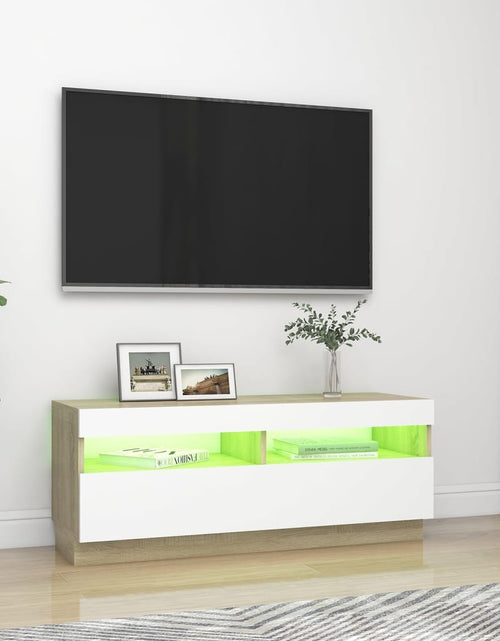 Încărcați imaginea în vizualizatorul Galerie, Comodă TV cu lumini LED, alb și stejar sonoma, 100x35x40 cm
