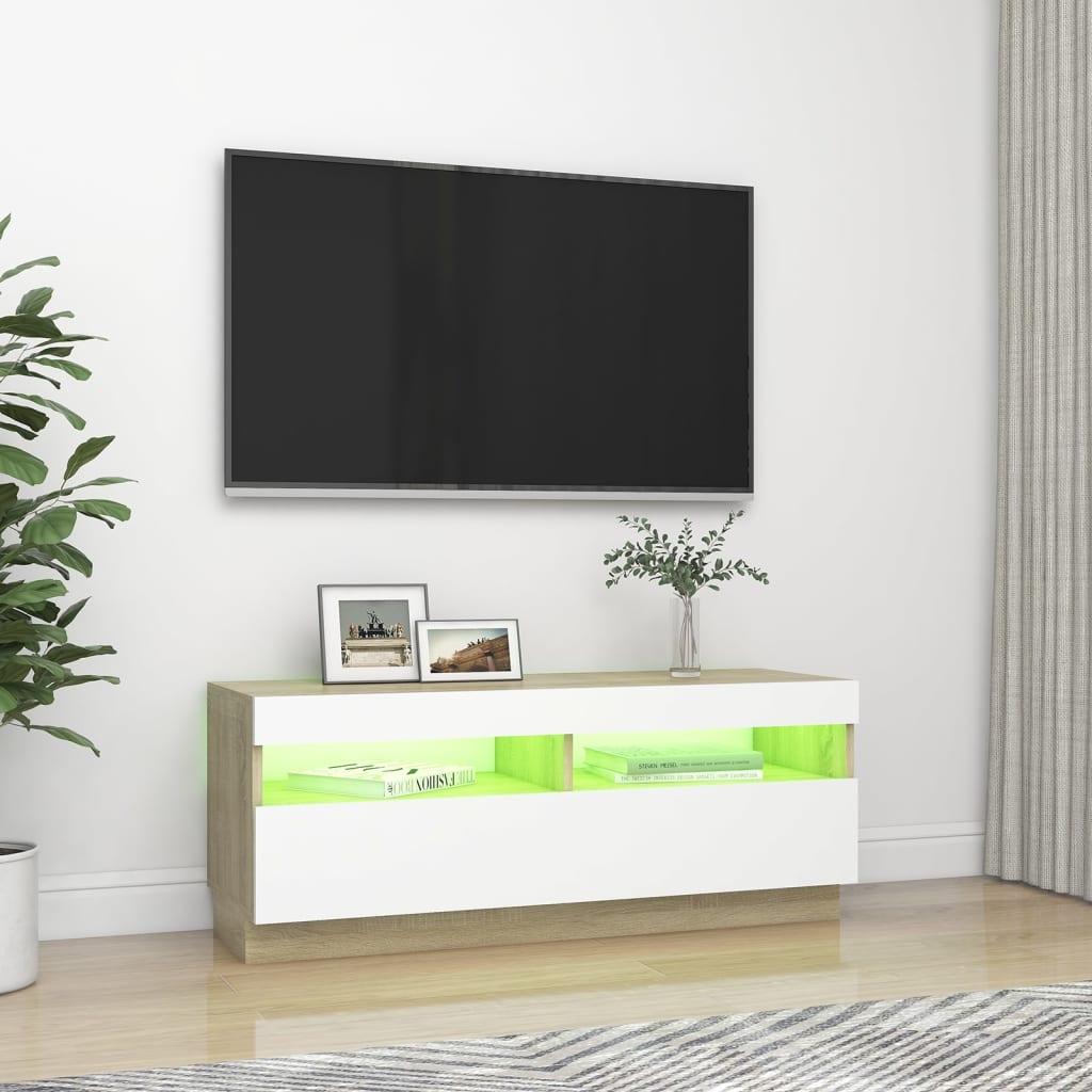 Comodă TV cu lumini LED, alb și stejar sonoma, 100x35x40 cm