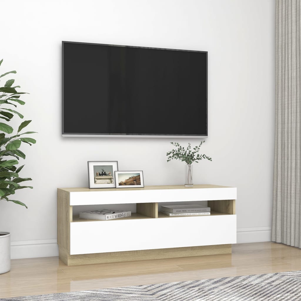 Comodă TV cu lumini LED, alb și stejar sonoma, 100x35x40 cm