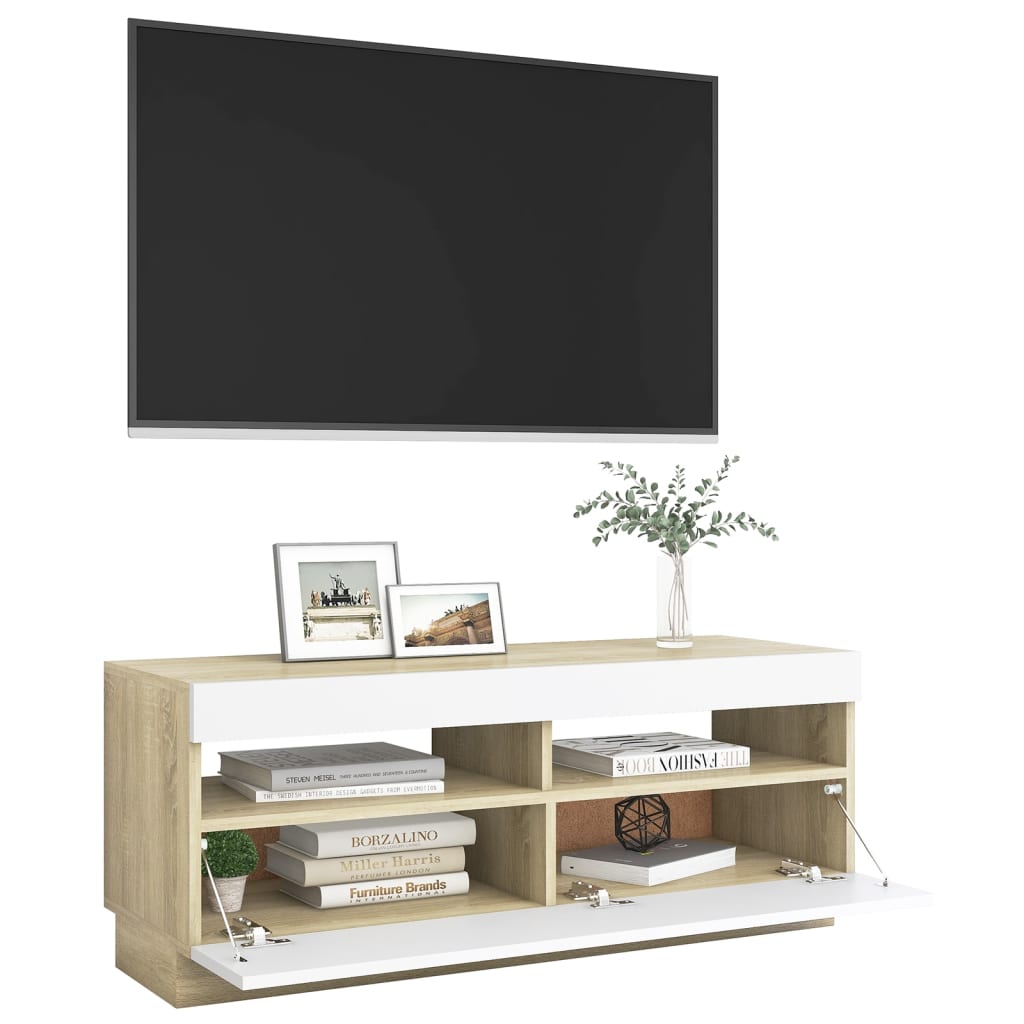 Comodă TV cu lumini LED, alb și stejar sonoma, 100x35x40 cm