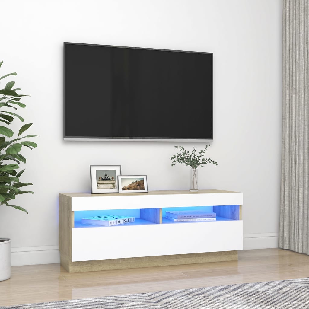 Comodă TV cu lumini LED, alb și stejar sonoma, 100x35x40 cm