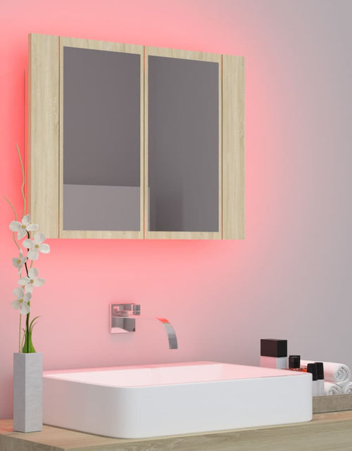 Încărcați imaginea în vizualizatorul Galerie, Dulap de baie cu oglindă și LED, stejar sonoma, 60x12x45 acril
