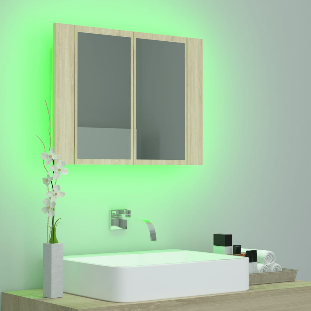 Dulap de baie cu oglindă și LED, stejar sonoma, 60x12x45 acril