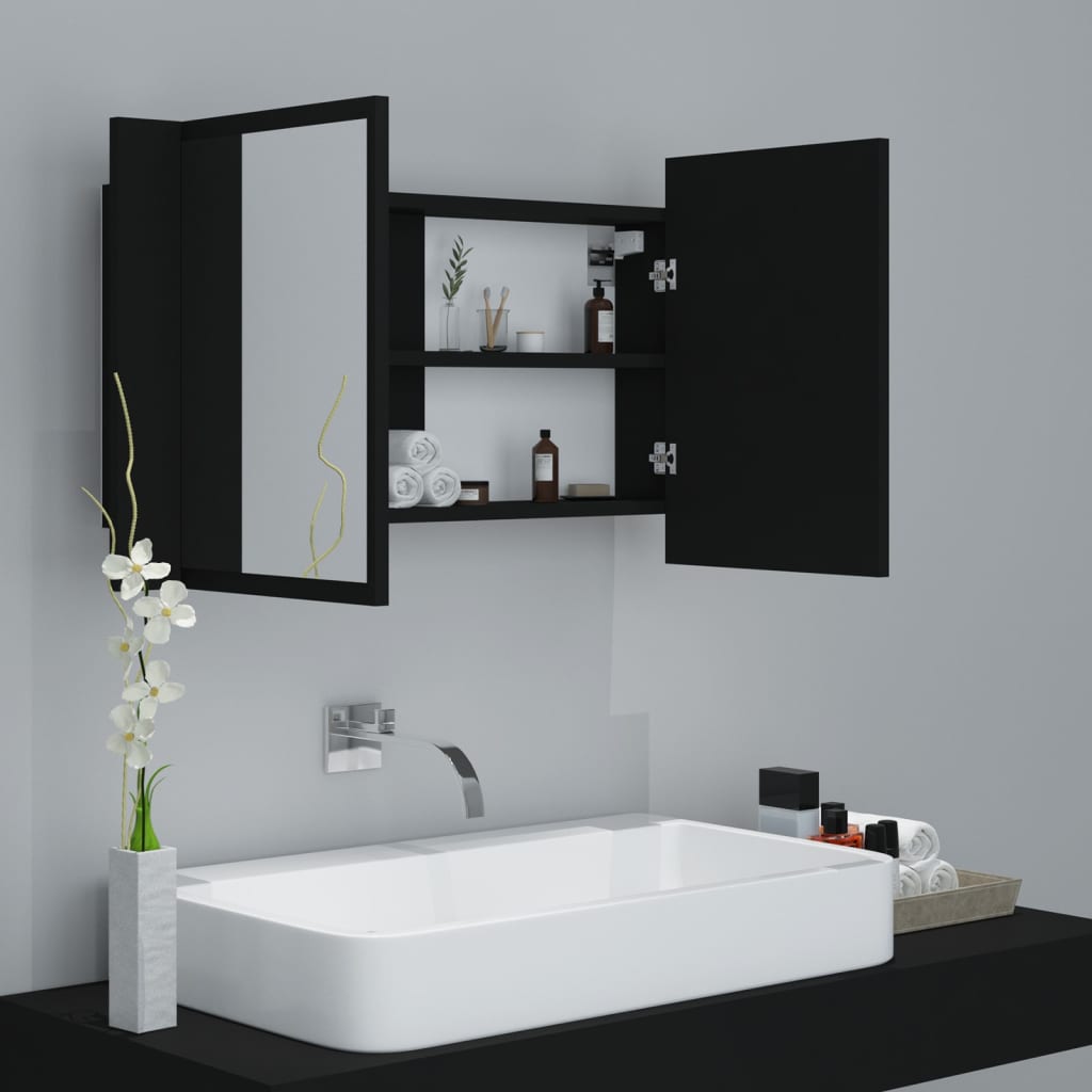Dulap de baie cu oglindă și LED, negru, 80x12x45 cm