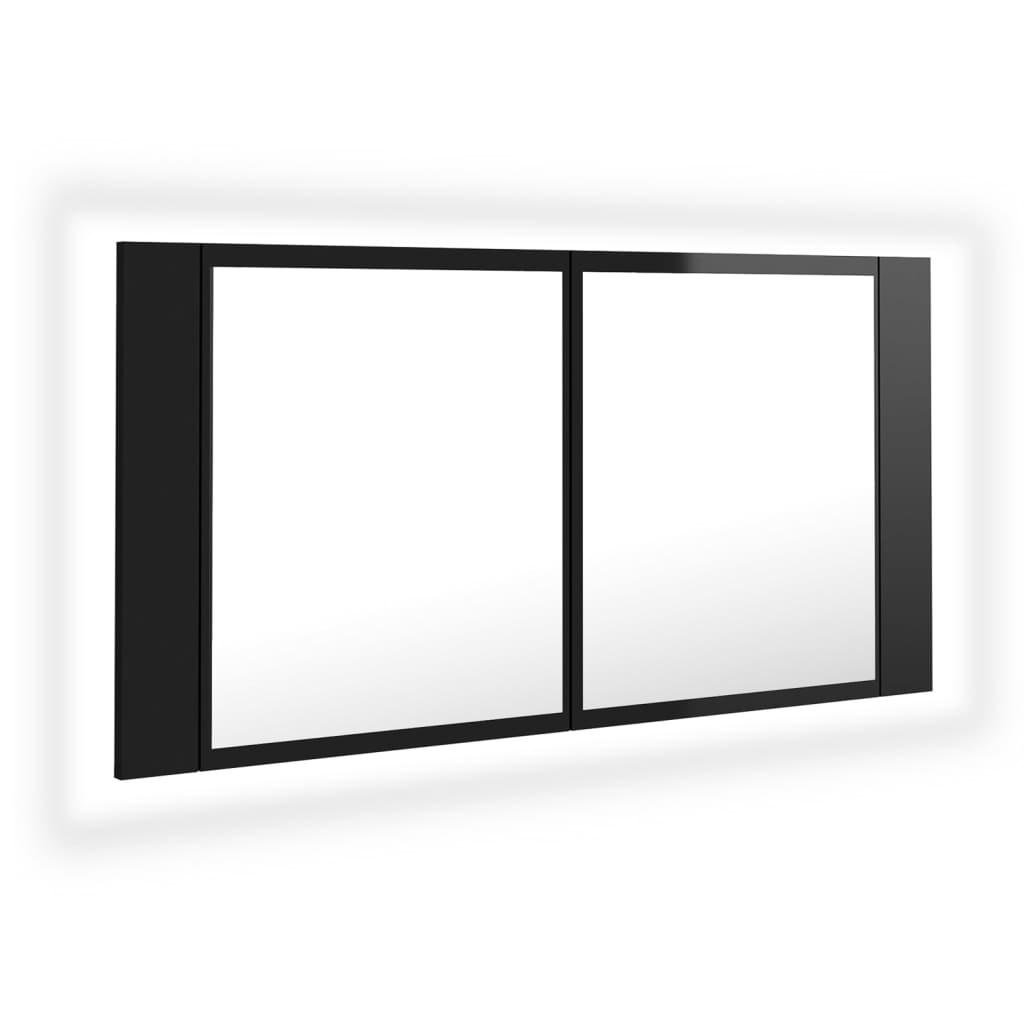 Dulap baie cu oglindă & LED negru extralucios 90x12x45 cm acril