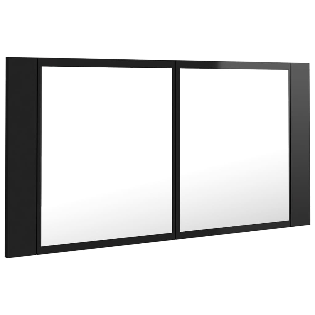 Dulap baie cu oglindă & LED negru extralucios 90x12x45 cm acril