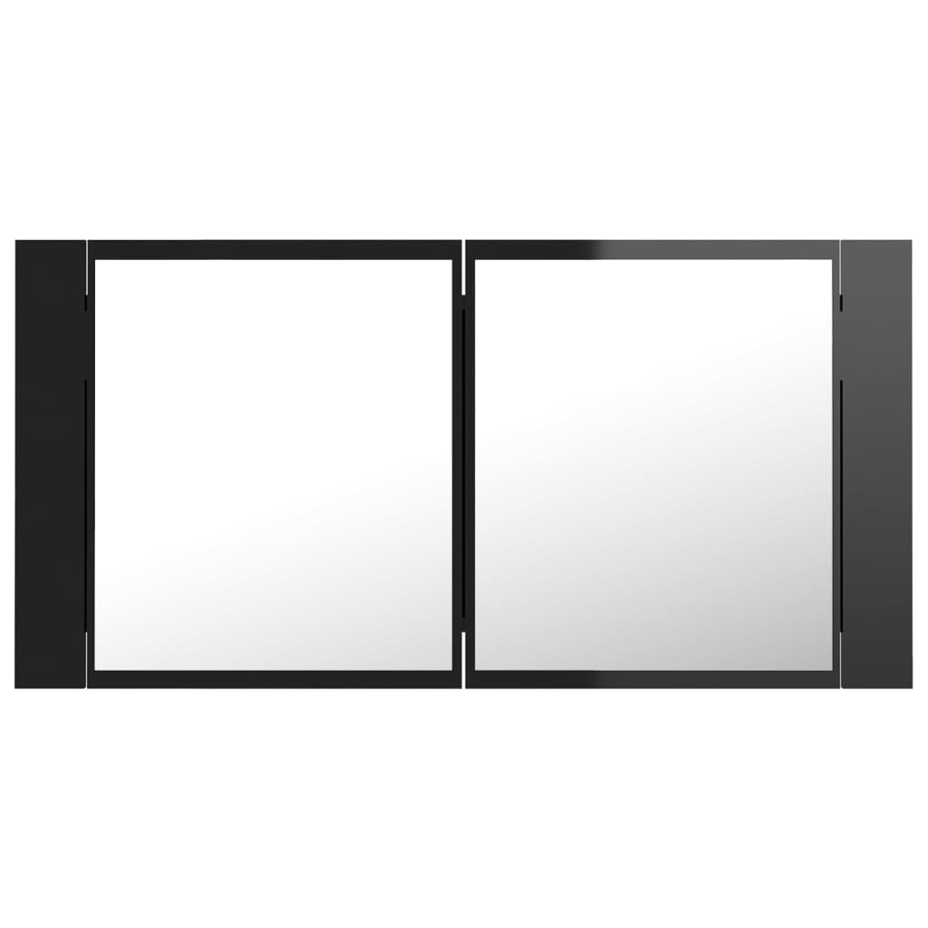 Dulap baie cu oglindă & LED negru extralucios 90x12x45 cm acril