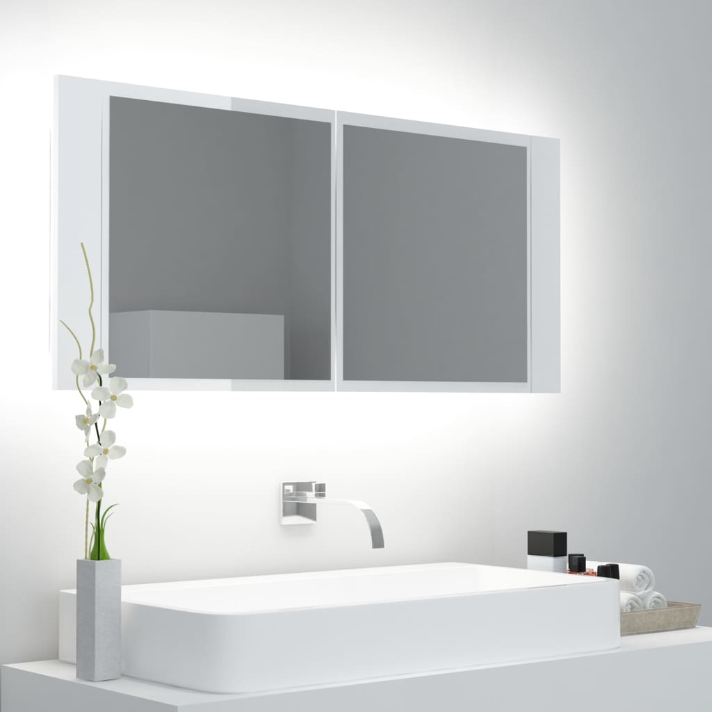 Dulap de baie cu oglindă și LED alb extralucios 100x12x45 acril