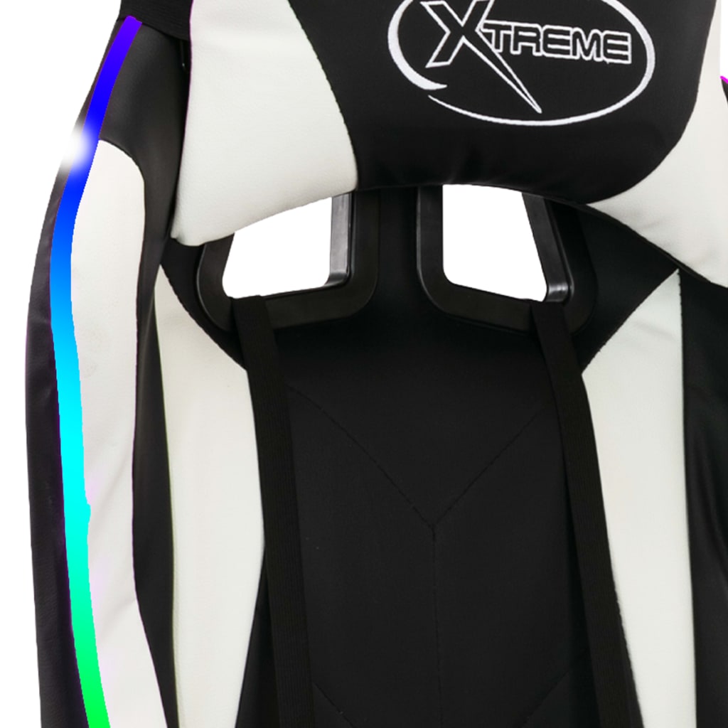Scaun de racing cu LED RGB, alb și negru, piele ecologică