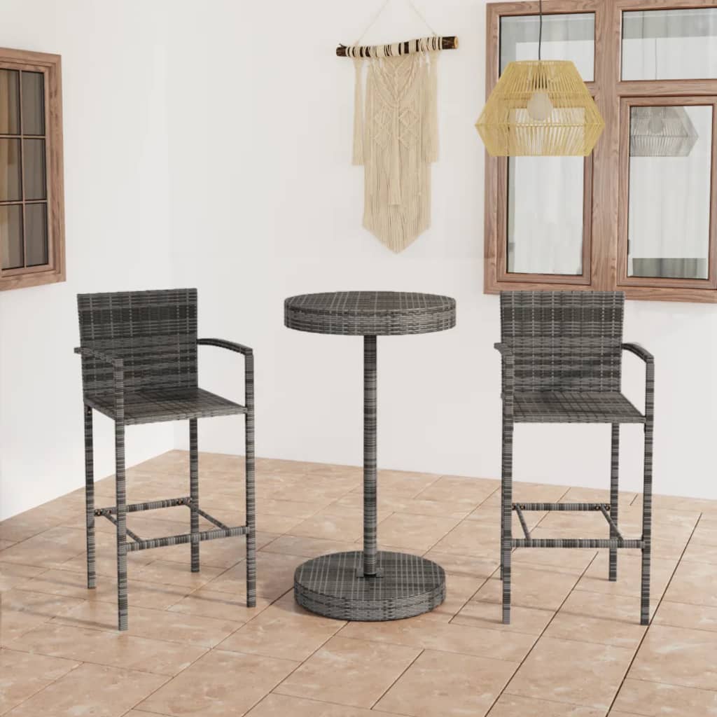 Set mobilier bar de grădină, 3 piese, gri, poliratan