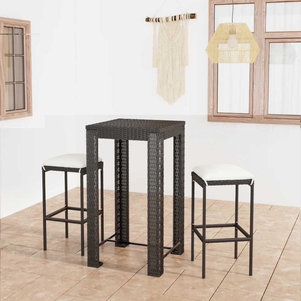 Set mobilier bar de grădină cu perne, 3 piese, negru, poliratan