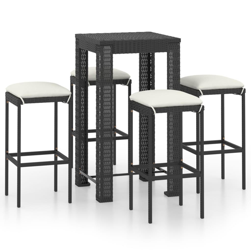 Set mobilier bar de grădină cu perne, 5 piese, negru, poliratan