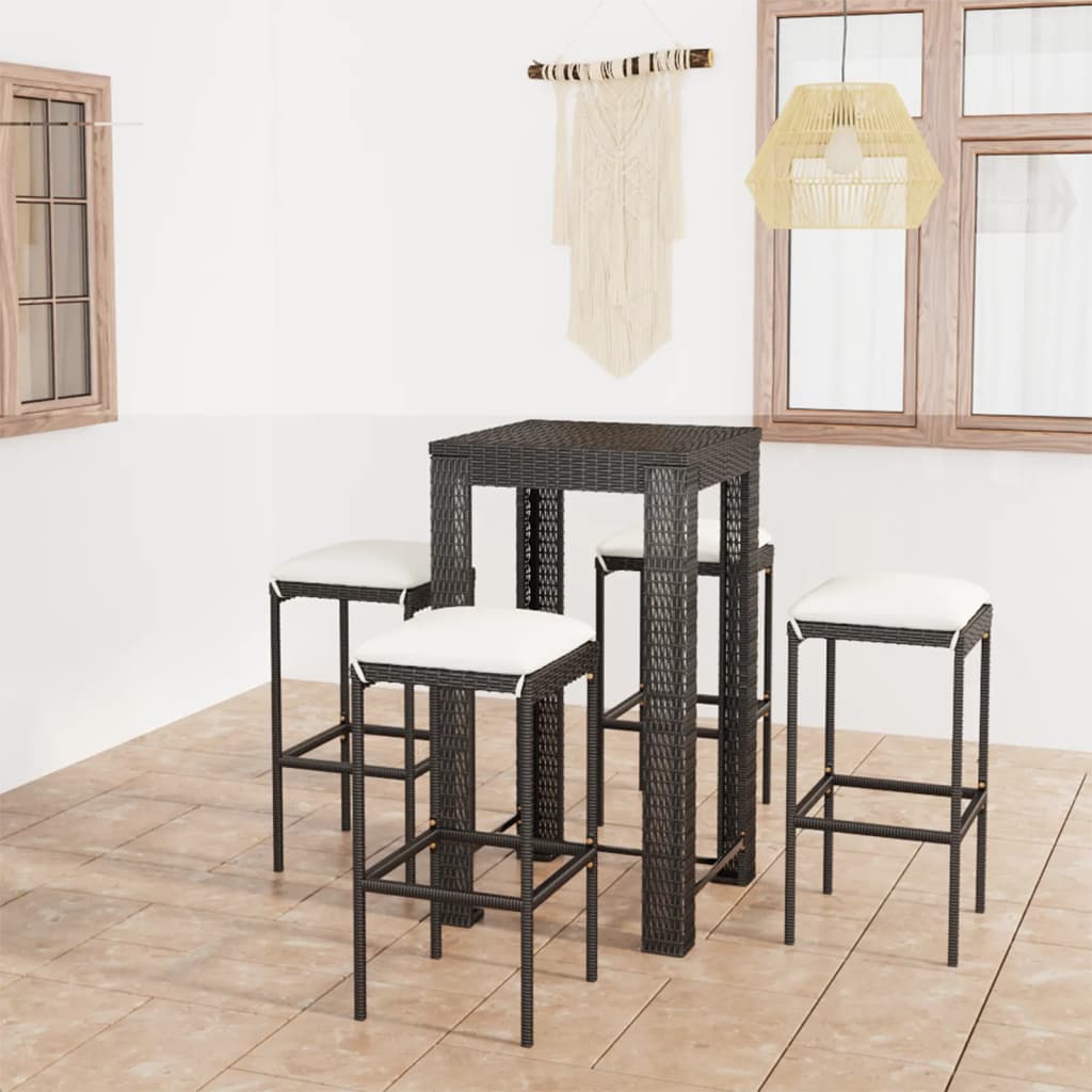 Set mobilier bar de grădină cu perne, 5 piese, negru, poliratan