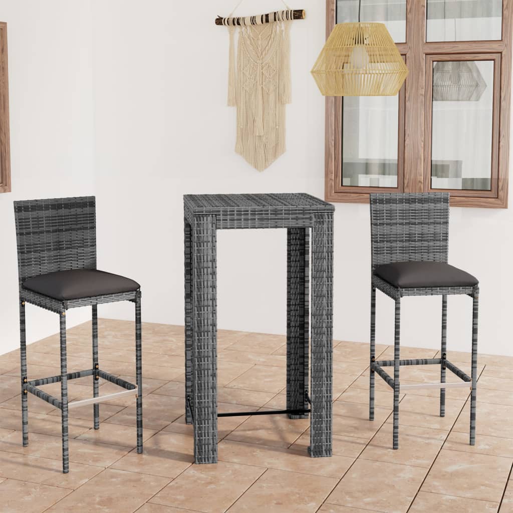 Set mobilier bar de exterior cu perne, 3 piese, gri, poliratan