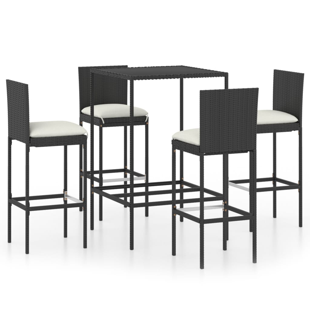 Set mobilier bar de grădină cu perne, 5 piese, negru, poliratan