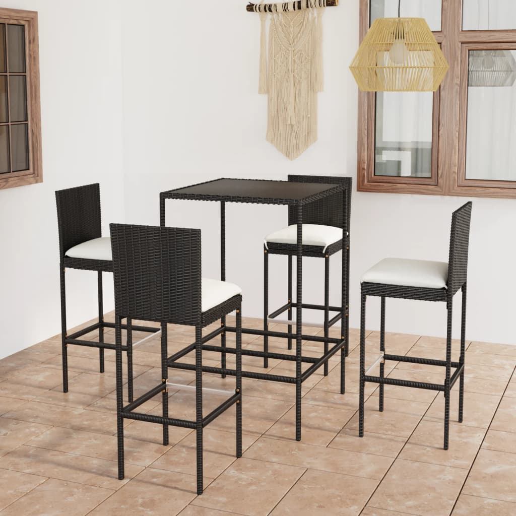 Set mobilier bar de grădină cu perne, 5 piese, negru, poliratan