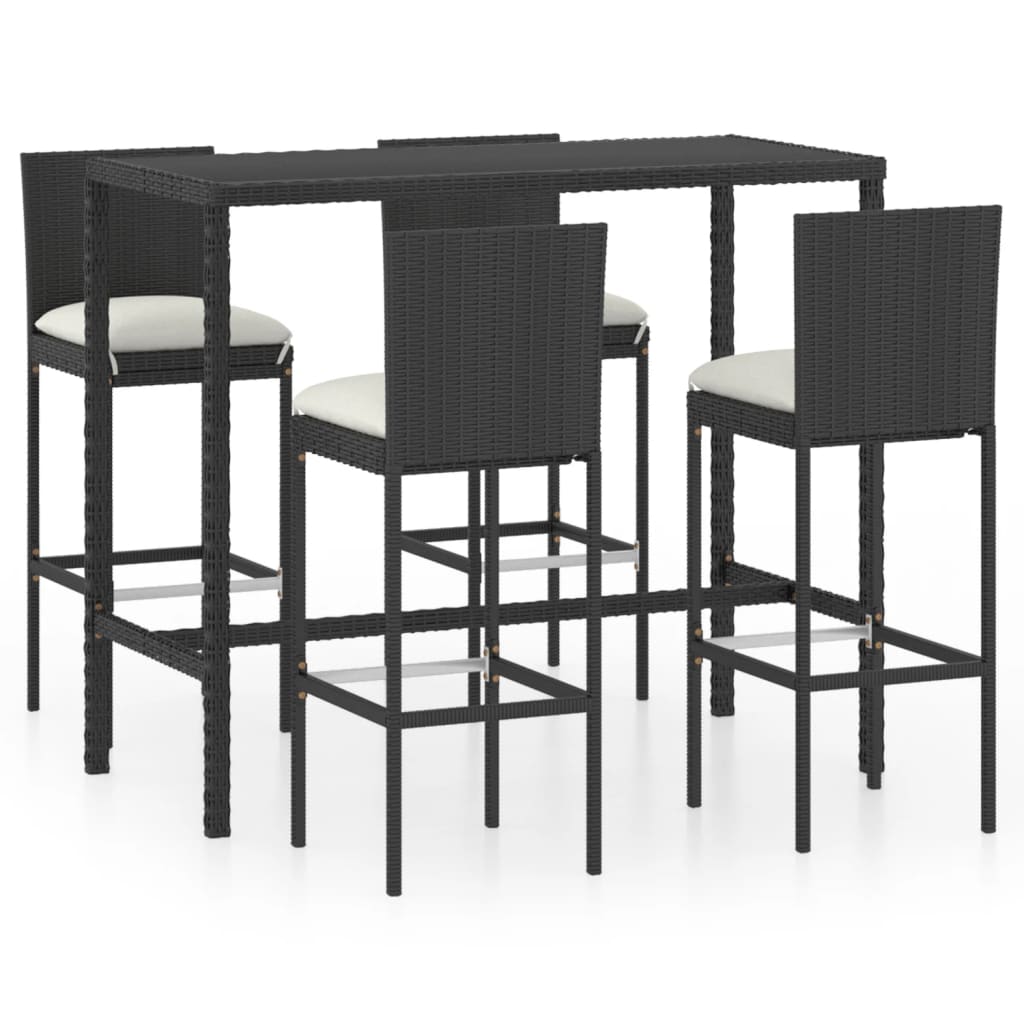 Set mobilier bar de grădină cu perne, 5 piese, negru, poliratan