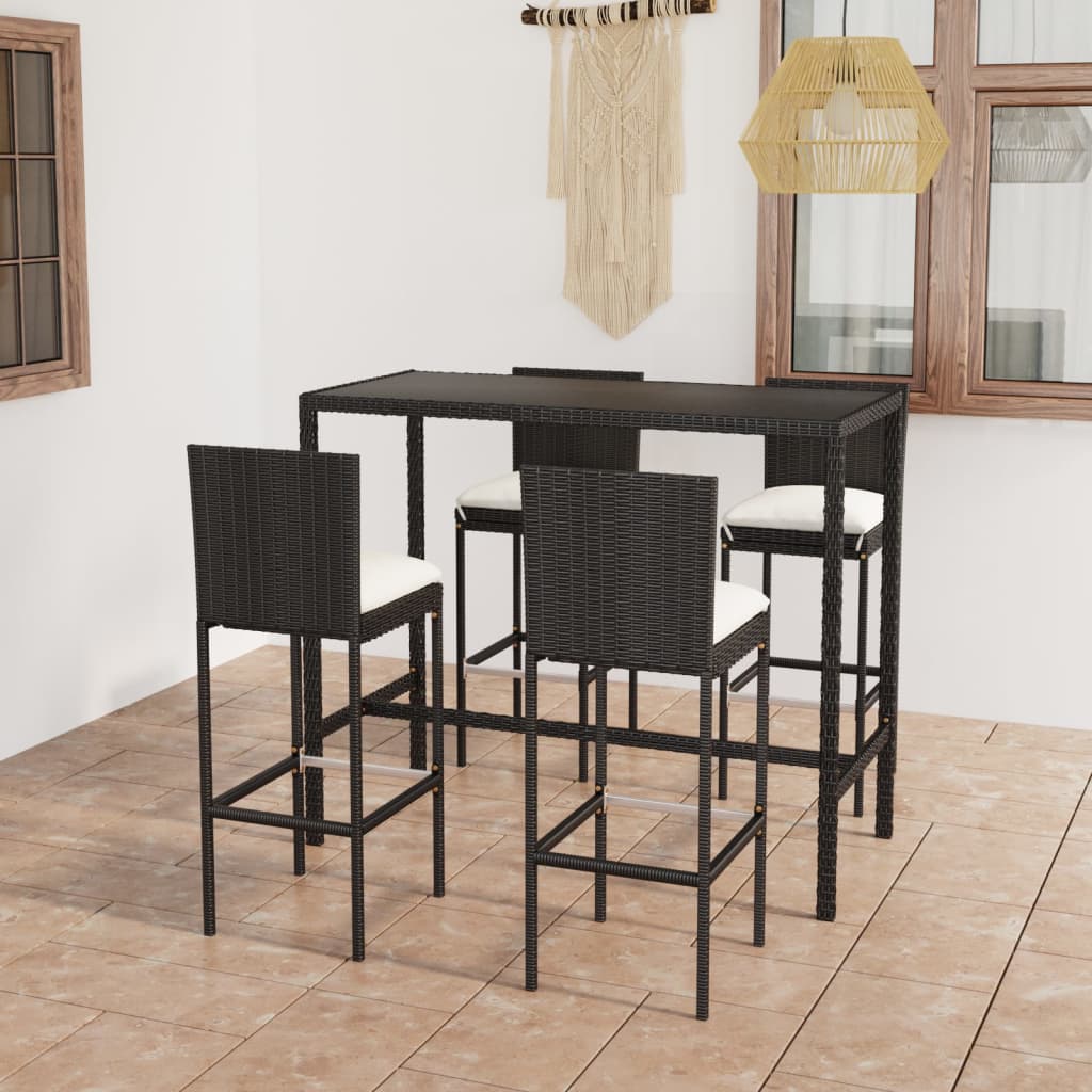 Set mobilier bar de grădină cu perne, 5 piese, negru, poliratan