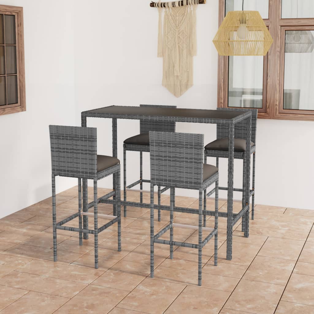 Set mobilier bar de grădină cu perne, 5 piese, gri, poliratan